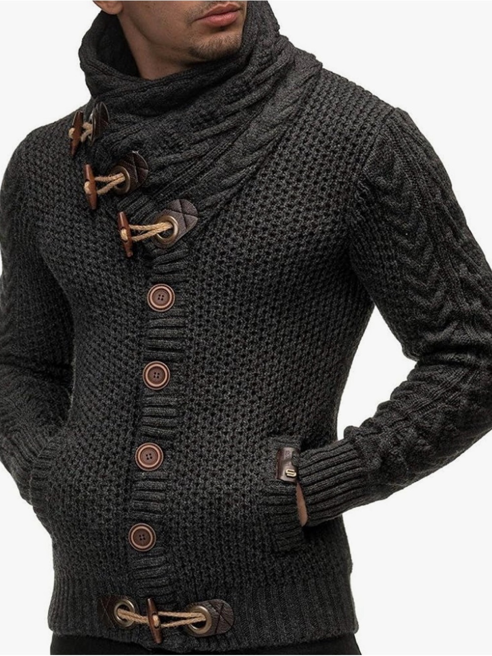 Leif Nelson Charcoal Nordic Knit Shawl Collar Cardigan Sweater GQ Cabincore Warm